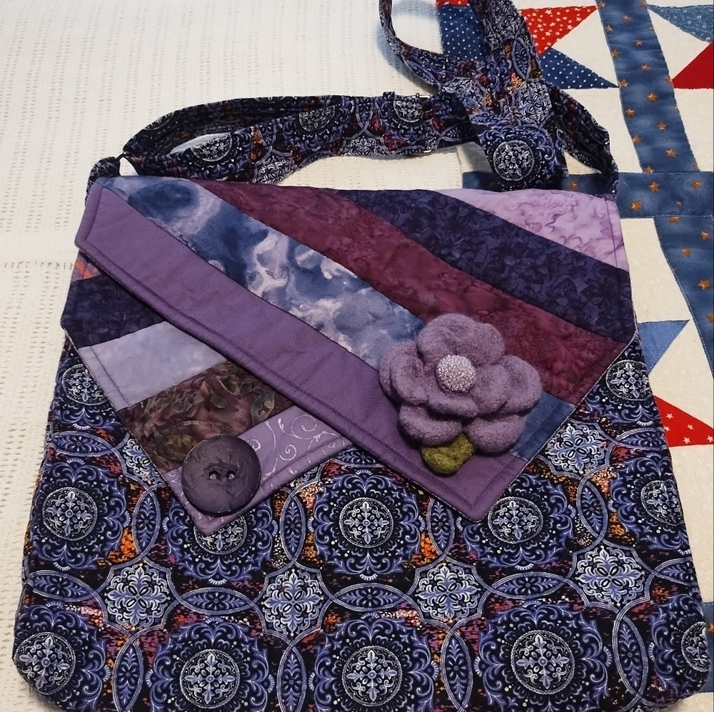 Purple Boho Patchwork Reversible Flower Quilted Shoulder Bag